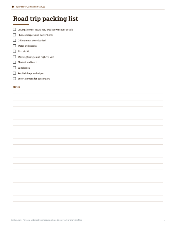 Preview of Printable Road Trip Packing List